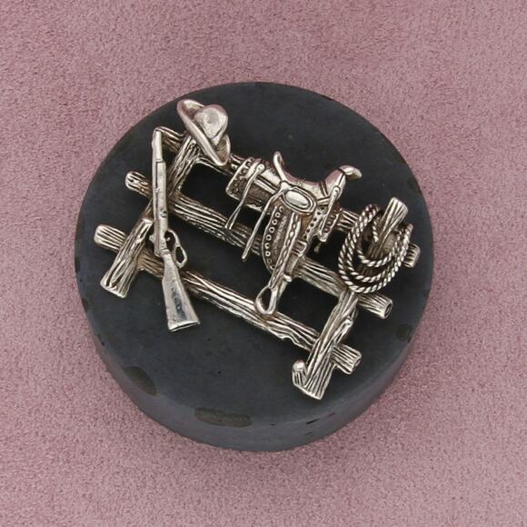 Sterling Jewelry - sterling silver vintage western fence saddle hat lasso brooch
